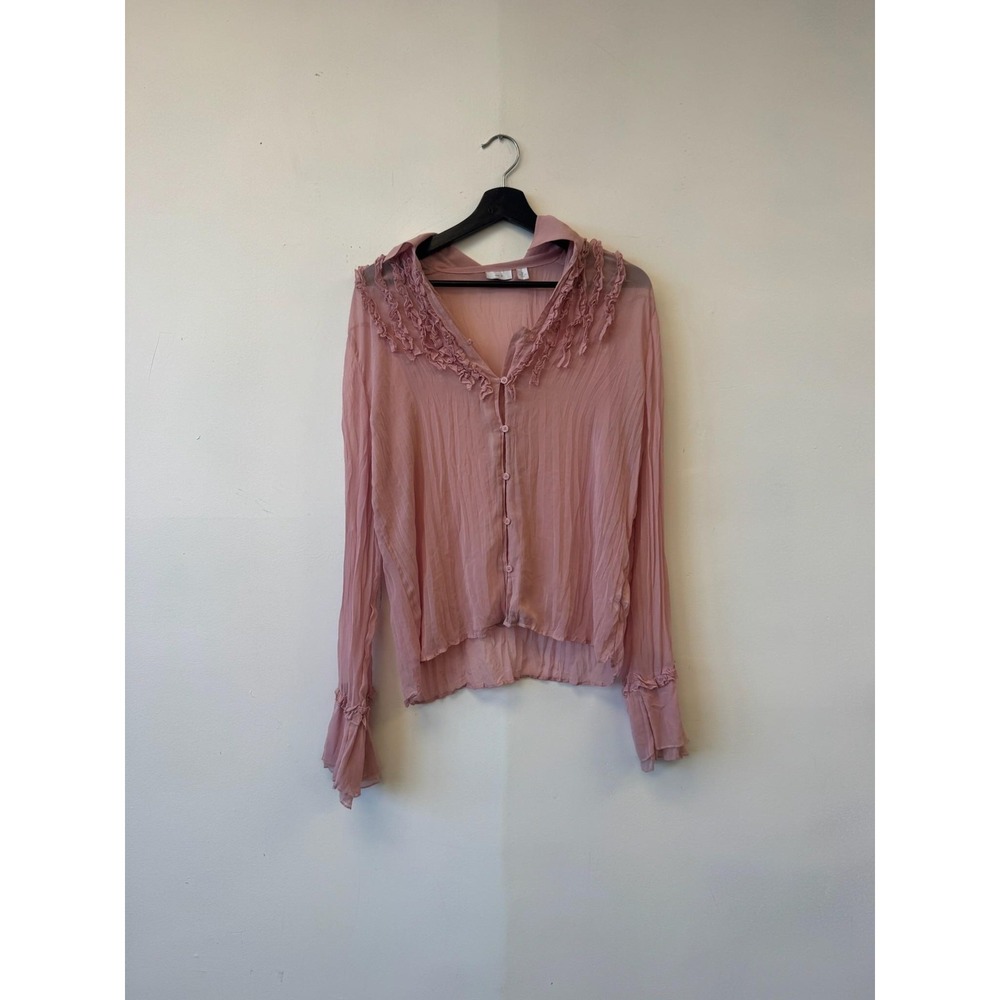 VTG Apt 9 Blouse Medium Pink Sheer Ruffle Button Front Bell Sleeve Top Y2K